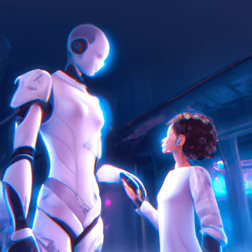 1. המחשה עתידני של רובוטים בינה מלאכותית באינטראקציה עם בני אדם
