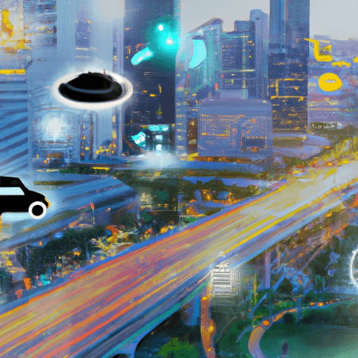 נוף עירוני עתידני עם טכנולוגיות המופעלות על ידי בינה מלאכותית, כגון מכוניות בנהיגה עצמית ומזל"טים, המשולבות בחיי היומיום.