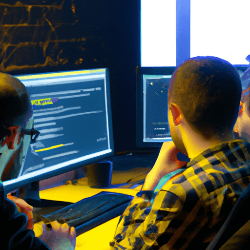 צוות מפתחים שעובד יחד על פרויקט, עם קוד גלוי על מסכי המחשב שלהם.